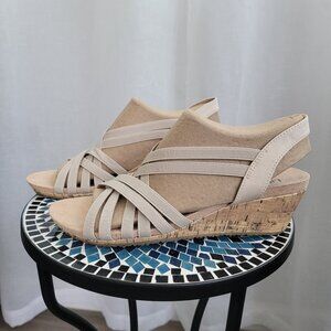 LifeStride Womens Mallory Wedges 7.5 Wide Open Toe Cork Slingback Sandals Beige